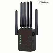 1200Mbps WiFi Repeater, WiFi Extender Signal Booster, Long Range Ultra-Stable Router Internet Booster Dual-Band WPS 2.4 & 5GHz, Full Coverage with 6 Antennas, with LAN Port Network Signal Amplifier, for Home, Office, Classroom, Black/ White