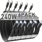240W 6-Pack USB-C Data Cable, [3.3/3.3/6.6/6.6/6.6/10ft] Type-C to C Fast Charging Cable, Compatible with for iphone 17/17 Air/Pro Max/16/15 Pro Max Charger Cables, C-to-C Cable for Fast Charging, Suitable for Samsung S25/S24/