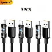 3 Sets of 240W Super-fast Charging Data Cables - Transparent Night-lighting Version. USB to Type-C Charging Cable Suitable for Huawei Apple Devices. Braided Data Cable the Function of Fast Charging for Laptops.