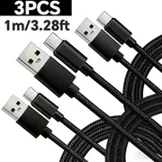 3pcs USB A to Type C Nylon Braid Cable Fast Charger Cord for Huawei for Oppo for Vivo Android Phone Charger Cable Accessories USB C 1m 2m