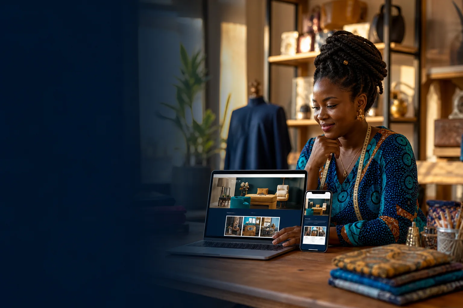 Sierra Leonean business owner viewing a professional website on laptop and mobile