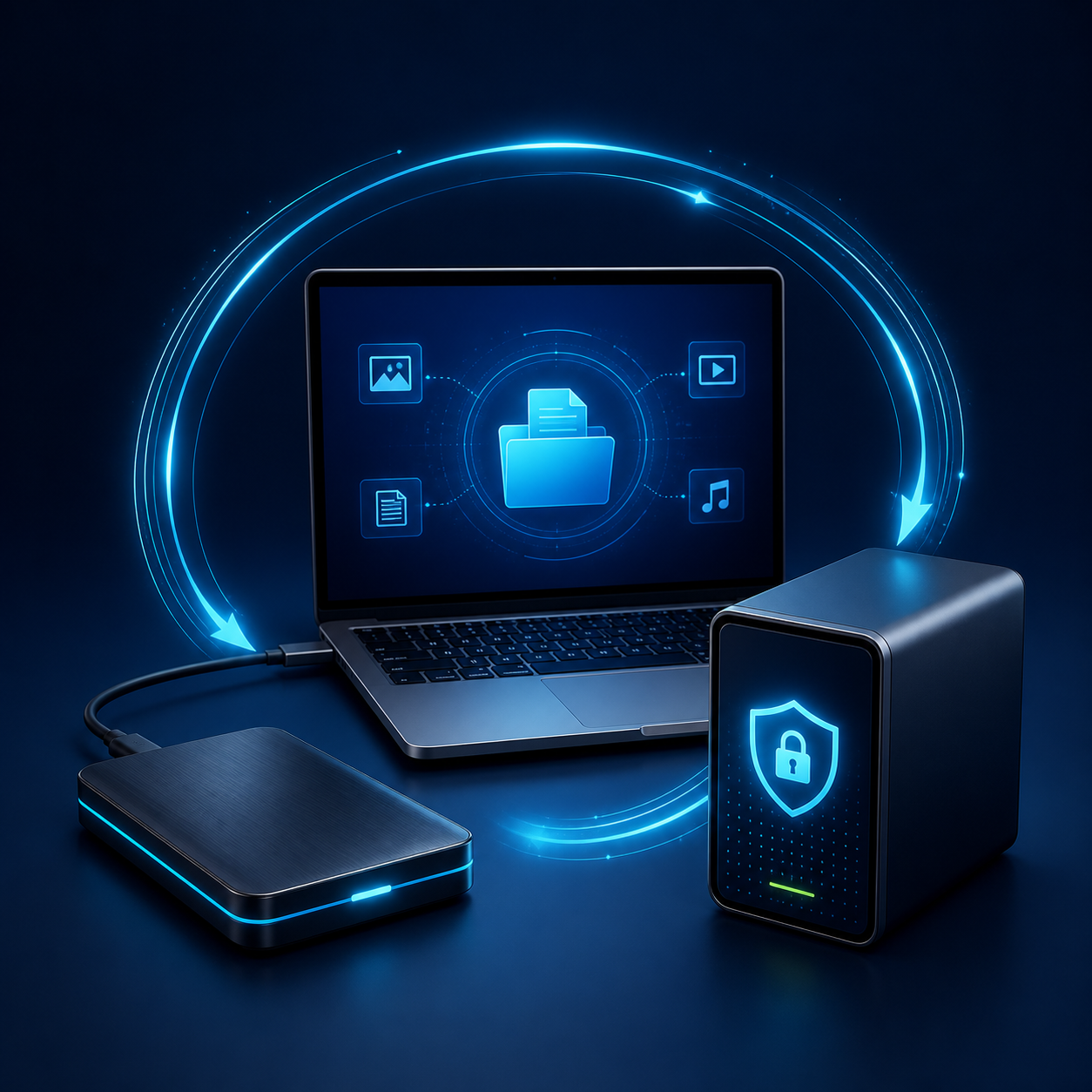 Secure backup drives connected to a laptop.