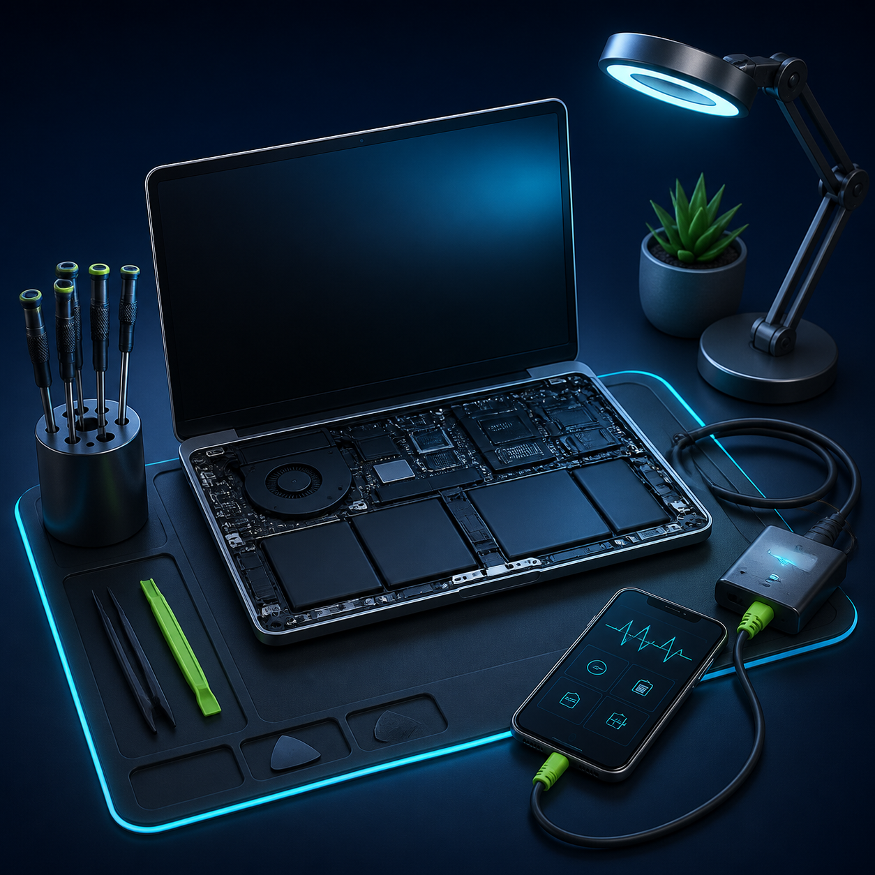Laptop and phone diagnostic equipment on a repair bench.
